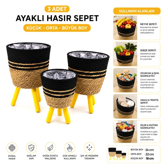 Alvetro Alv-01 ( 3pcs ) Ayaklı Hasır & Ahşap Sepet ( Mix Desen ) ( 18-22-24cm )