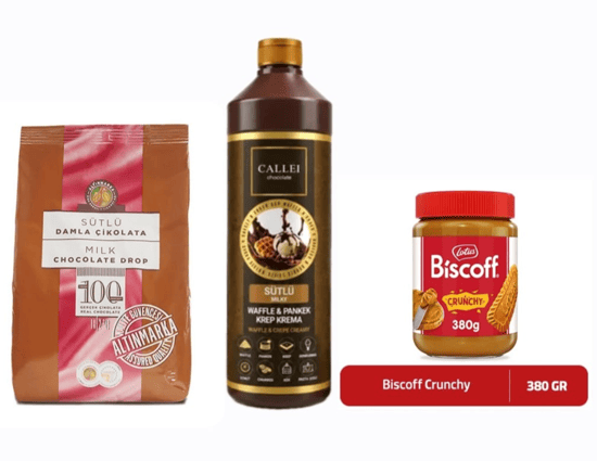 Altınmarka Alt 211 Sütlü Drop 1 Kg + Callei Sütlü Waffle Sos Şişe 1 Kg + Lotus Biscoff Crunchy 380 Gr
