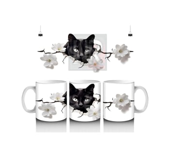 Beyaz Çiçeklerle Kaplı Siyah Kedi Baskılı Kahve Kupası Renkli