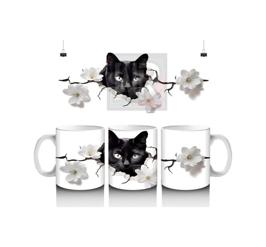 Beyaz Çiçeklerle Kaplı Siyah Kedi Baskılı Kahve Kupası Renkli