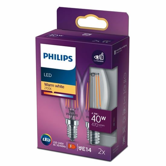 Philips Filament 40w E14 İnce Duylu Mum Ampul Sari İşik 2li