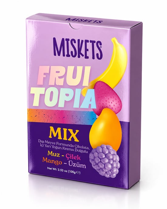 Miskets Fruitopia Mix Meyve Formunda Krema Dolgulu Sütlü Çikolata 100 Gr X 12 Adet Koli | Muz, Çilek, Mango ve Üzüm Aromalı |