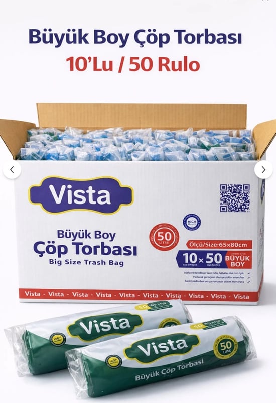 Vısta Büyük Boy Çöp Torbası 65x80 Cm 50 Lt Hacim Dayanıklı 10’lu X 50 Rulo