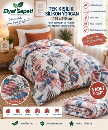 Elyaf Sepeti 5’li Toptan Tek Kişilik Silikon Yorgan 155x215 Cm – Daire Desenli