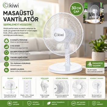 Kiwi 7625 ( 12" İnç ) Masa Üstü Vantilatör ( 35w ) ( 5 Kanat & 3 Kademe Hız & Çap: 30cm ) Fan