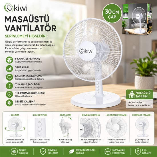Kiwi 7625 ( 12" İnç ) Masa Üstü Vantilatör ( 35w ) ( 5 Kanat & 3 Kademe Hız & Çap: 30cm ) Fan
