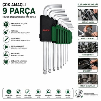 Bosch-1 600 A03 2v1 ( 527 ) ( 9pcs ) ( Krom ) ( Uzun & Düz ) Alyan ( Allen ) Anahtar Takımı