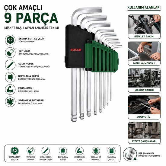 Bosch-1 600 A03 2v1 ( 527 ) ( 9pcs ) ( Krom ) ( Uzun & Düz ) Alyan ( Allen ) Anahtar Takımı
