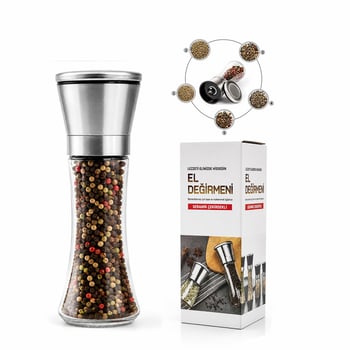 İ22-412 Hand Grinder ( Büyük ) ( Cam Hazneli & Krom Kaplama Pls.kapaklı ) Tuz & Baharat Öğütücü