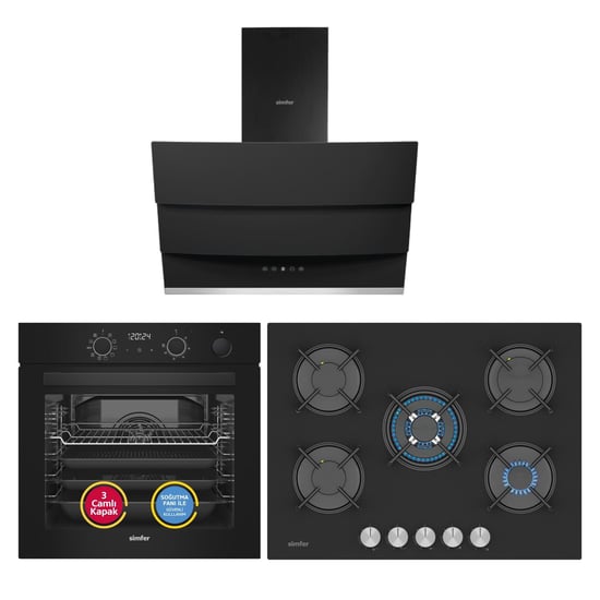 Simfer 0+10 Fonksiyon Steam Master Siyah 3'lü Ankastre Set ( 8244 Fırın - 3750 Ocak - 8678 Davlumbaz)