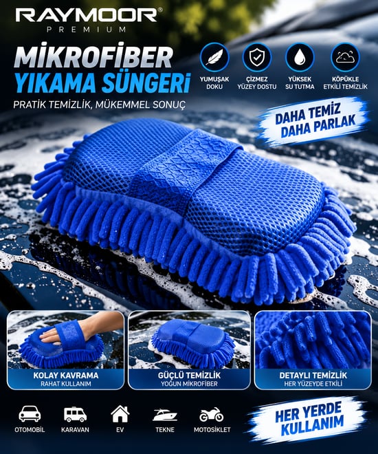 Mikrofiber Araç Yıkama Süngeri – Çift Taraflı Oto Yıkama Pedi, Tutma Bantlı Mikrofiber Temizlik Süngeri