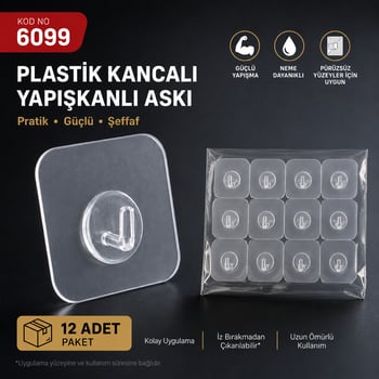Hagiki Plastik Kancalı Tekli Yapışkanlı Askı 12 Li Paket