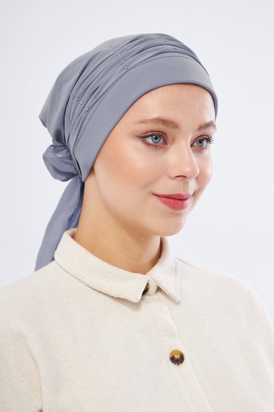 Hürrem Bone Gri Pratik Hazır Geçmeli Tesettür Bone Sandy Kumaş İncili Pileli Nervürlü Güllü 1805_15