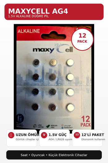 Maxycell 12 Adet Ag4 376 377 Sr626 Sr626sw Lr66 1.5v Düğme Pil ,ölçüm Cihazları ve Hesap Makineleri
