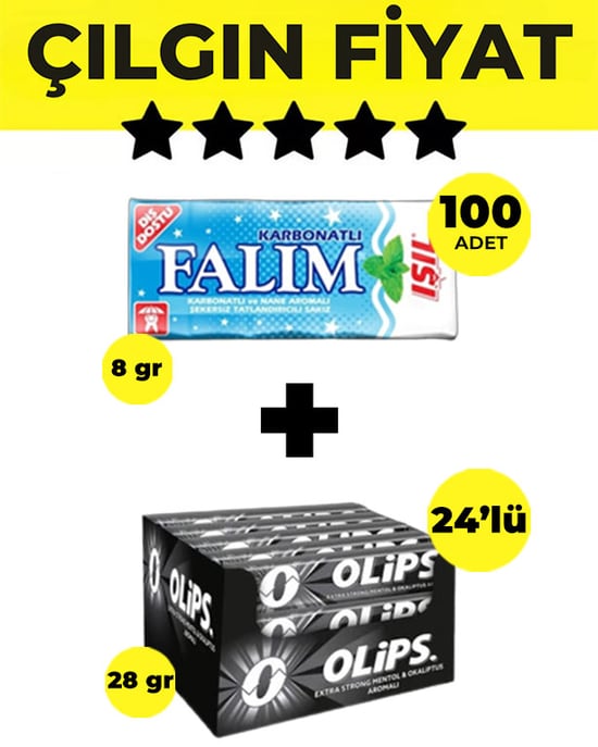 Falım (5'li 8gr X 100 Adet) - Olips (28gr X 24) Avantajlı İşıl Nane Sakız ve Olips Keskin Mentol Aromalı Paketi