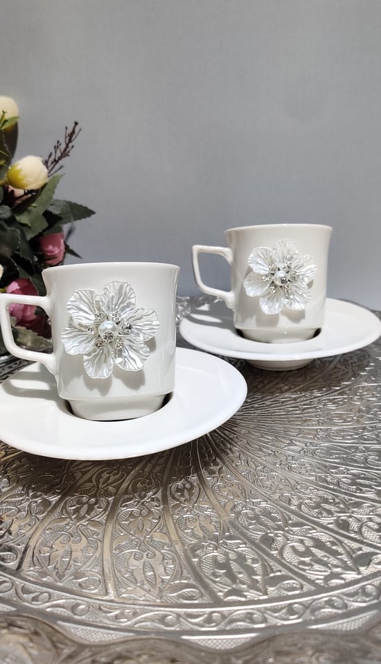 Kirlinova® Beyaz Çiçek 2'li Fincan Takımı
