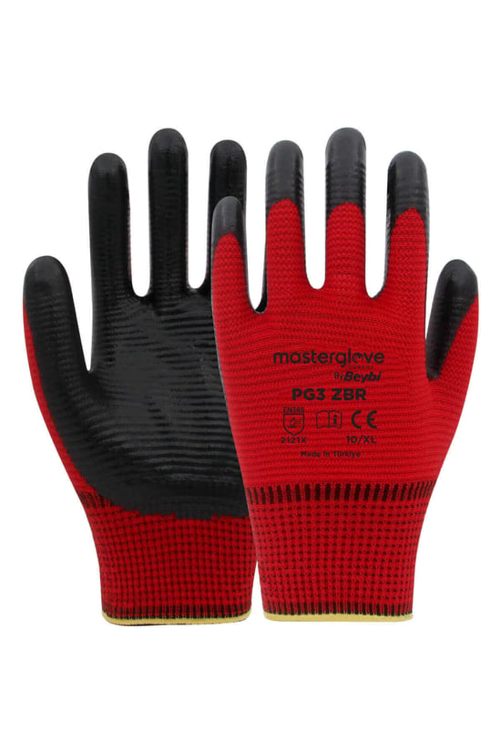Master Glove Pg3 Zebra Kırmızı Polyester Örme Nitril İş Eldiveni 10 Beden