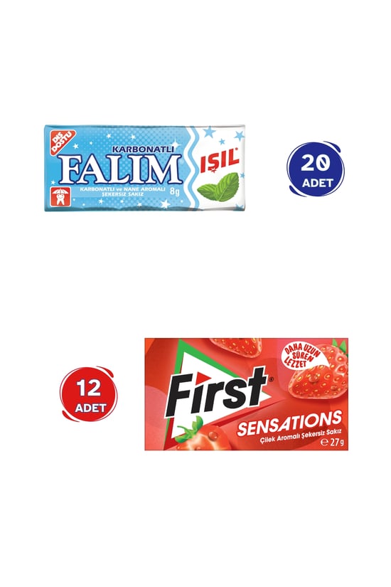 Falım Işıl Karbonatlı & Nane Aromalı Sakız (5'li x 20 Adet)- First Sensations Çilek Aromalı Sakız (27gr x 12 Adet)  - Avantajlı Falım First Paketi