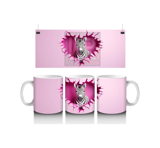 Kalp Desenli Pembe Arka Planda Zebra Baskılı Kahve Kupası Renkli