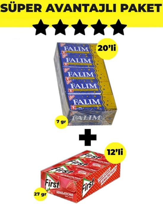 Falım Damla Aromalı Sakız (5'li X 20 Adet)- First Sensations Çilek Aromalı Sakız (27gr X 12 Adet) - Avantajlı Falım First Paketi