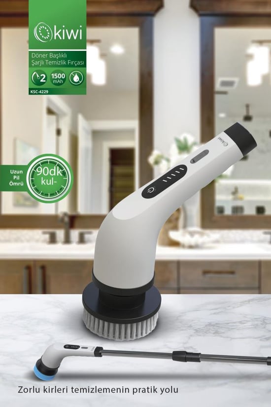 Kiwi Ksc-4229 Şarjlı Döner Başlıklı Temizlik Fırçası 7 Başlıklı Uzatma Çubuklu Temizlik Makinesi