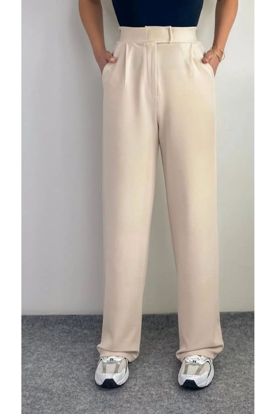 Thiff Kadın Likralı Cırt Kapama Bej Geniş Paçalı Rahat Palazzo Pantolon