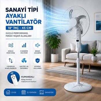 ( Sp-53 ) Sahip ( Kumandalı ) (18" İnc) (45 Cm) (sanayi Tipi) Ayaklı Vantilatör (5-metal Pervane) (3-kademe Hız) (65w) (y:137cm) Fan
