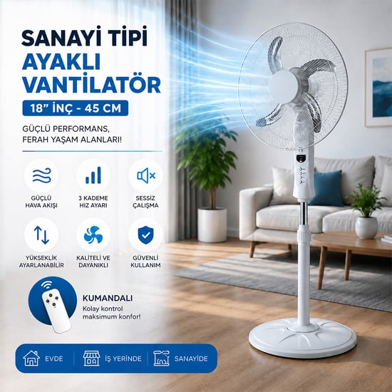 ( Sp-53 ) Sahip ( Kumandalı ) (18" İnc) (45 Cm) (sanayi Tipi) Ayaklı Vantilatör (5-metal Pervane) (3-kademe Hız) (65w) (y:137cm) Fan