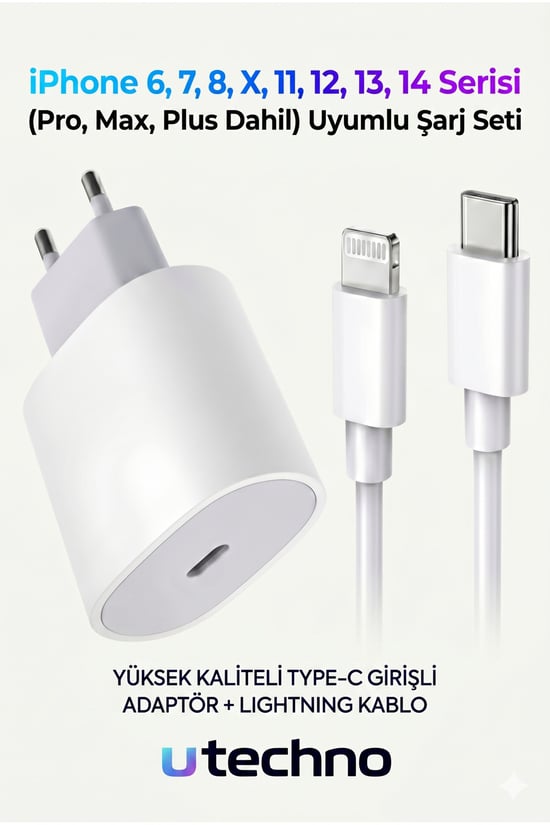 Adeyo Store İphone Hızlı Şarj Aleti Adaptör + Lightning Kablo 6 7 8 X 11 12 13 14 Pro Max Plus Uyumlu 25w İos