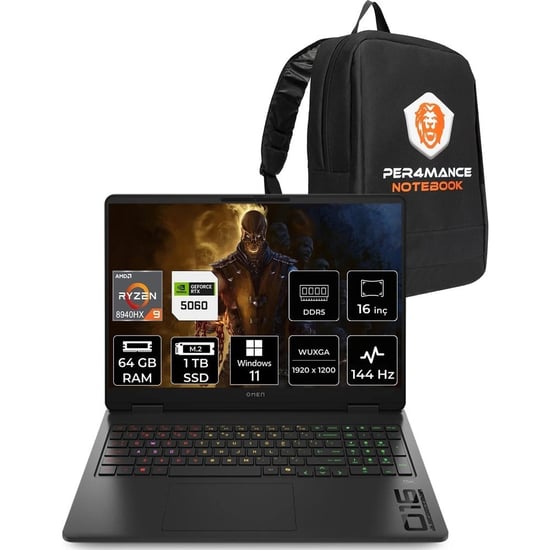 Hp Omen 16 Ryzen 9 8940hx Rtx 5060 8gb 64gb Ram 1tb Ssd 16" Fhd+ 144hz Win11 Pro C3yn8eapn433 Gaming