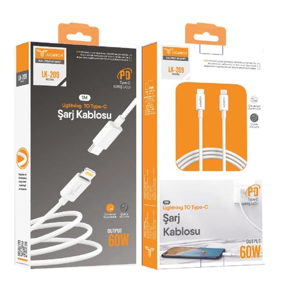Lucatech Lk-209 | Pd 3a, 60w, 1mt Lightning Şarj Kablosu