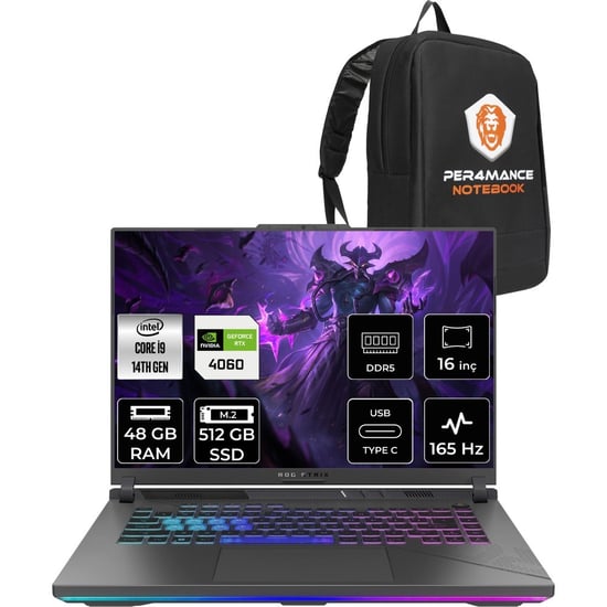 Asus Rog Strix G16 İ9 14900hx Rtx 4060 Gaming Laptop 48gb Ram 512gb Ssd 16" Fhd+ 165hz Freedos + Per
