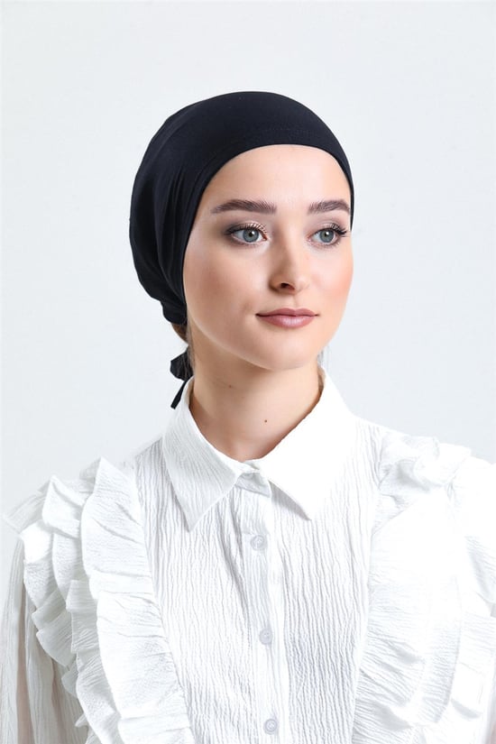 Hürrem Bone Siyah Arkadan Bağlamalı Tesettür Bone Penye Düz Bone 1011_01
