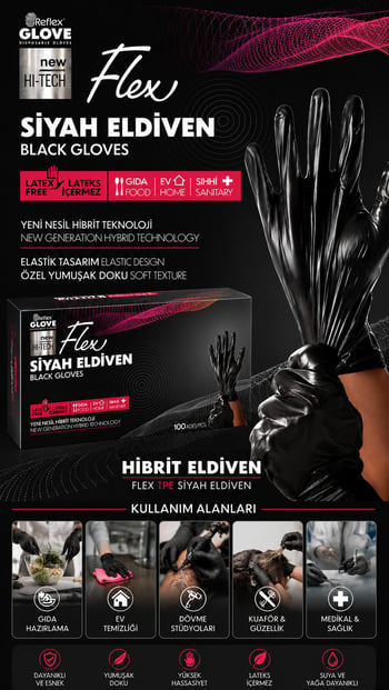 Flex Tpe Hibrit Pudrasız Siyah Eldiven Çok Amaçlı Yeni Nesil Teknoloji 100'lü Paket (small / Küçük Boy)