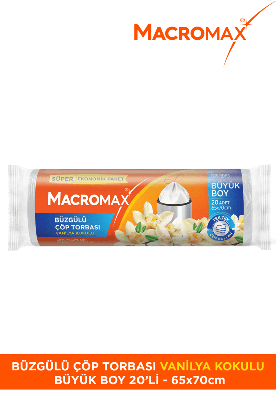 Macromax Büzgülü Çöp Torbası Büyük Boy (65x70cm) Vanilya Kokulu 20 Adet Süper Ekonomik Paket