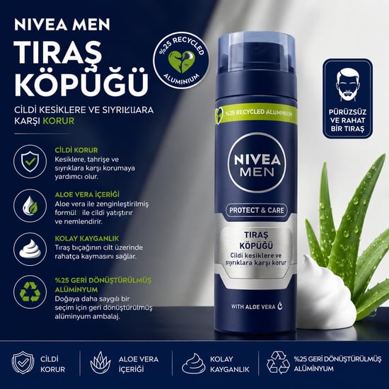 Nıvea Men Erkek Tıraş Köpüğü Protect&care 200ml, Aloe Vera, Pürüzsüz Tıraş, Cildi Kesiklerden Korur