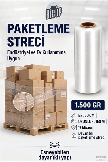 Bicup Büyük Boy Palet ve Koli Streci Eşya Mobilya ve Kargo Sarma Koruma Ambalajı Taşıma Taşınma için Streç Film 1.500 Gr