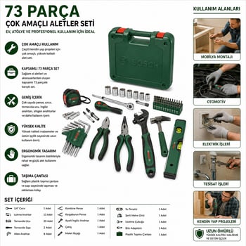 Bosch-1 600 A03 9hz ( 531 ) ( 73pcs ) Hırdavat Set ( Kurbağacık-kerpeten-papağan Pense-çekiç-cırcır Kol-tornavida-bits Uç-alyan Set-su Terazisi- Pense- Maket Bıçak & Yedek -şerit Metre-kalem)