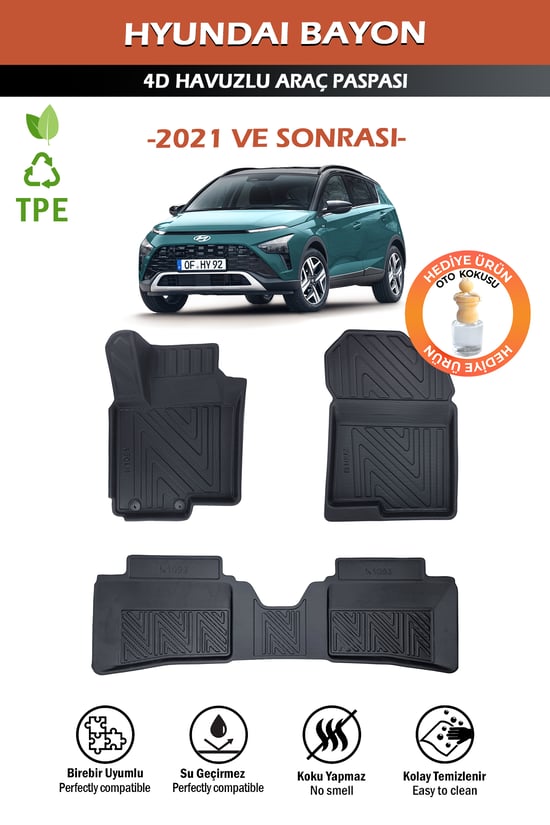 Havuzlu 4d Siyah Paspas Takımı,Hyundai-Bayon 2021 Ve Sonrası 4d Havuzlu Paspas Hediye Araç Kokusu