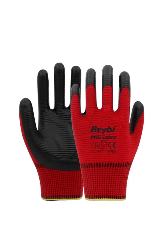 Beybi Pn5 Zebra Kırmızı Polyester Örme Nitril İş Eldiveni 10 Beden