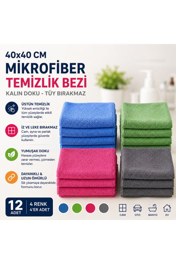 Molto 40x40 Mikrofiber Temizlik Bezi Kalın Doku Cam Silme Oto Kurulama Bezi Tüy Bırakmaz, 12 Adet