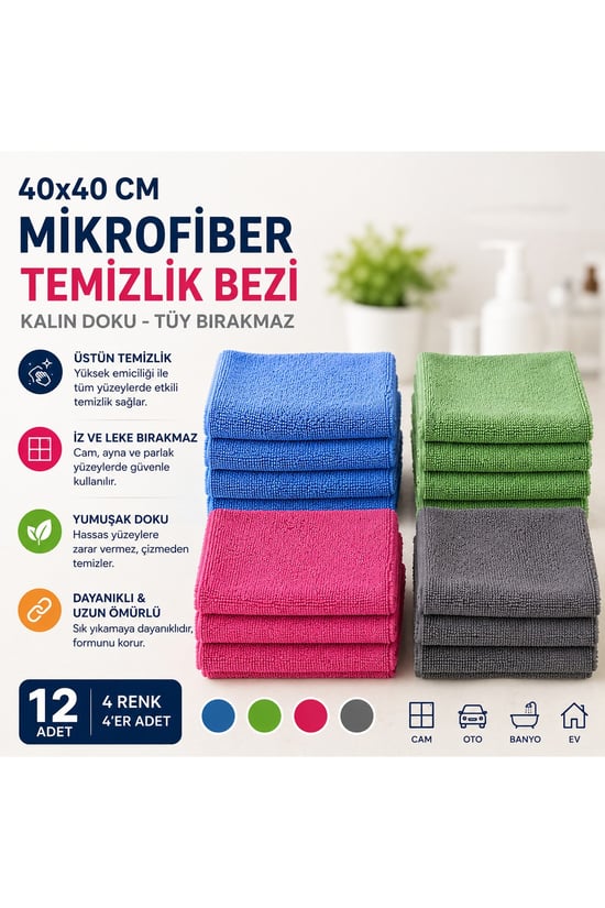 Molto 40x40 Mikrofiber Temizlik Bezi Kalın Doku Cam Silme Oto Kurulama Bezi Tüy Bırakmaz, 12 Adet