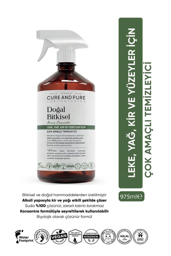 Cure And Pure Doğal Bitkisel Çok Amaçlı Temizleyici 975 Ml (konsantre Leke ve Yağ Temizleyici)