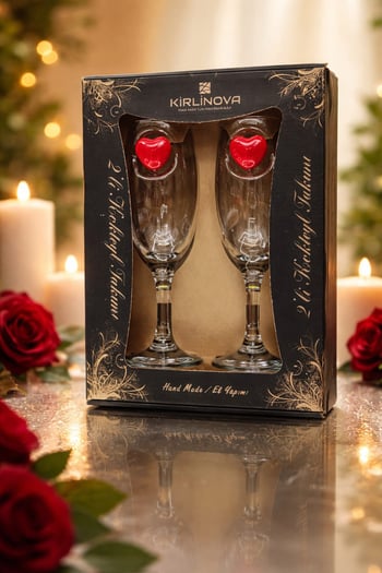 Kırmızı Kalp Detaylı Kokteyl Bardak 2li Set