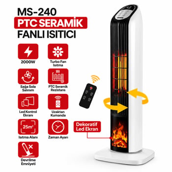 Marsstar Ms-240 ( Kumandalı ) ( Sıcak ) ( Dik ) Ptc Seramik Fanlı Elektrikli Isıtıcı ( Soba ) ( Led Kontrol Ekran & Devrilme Emniyet ) ( 2000w )