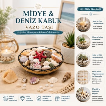 İ12-249 ( Ahşap Yuvarlak Sepet & Fileli ) ( Renkli Mix ) Midye & Deniz Kabuk Vazo Taşı