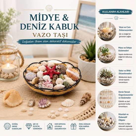 İ12-249 ( Ahşap Yuvarlak Sepet & Fileli ) ( Renkli Mix ) Midye & Deniz Kabuk Vazo Taşı