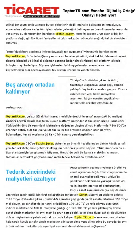 Ticaret Gazetesi, ToptanTR.com’un Aracısız B2B Ticaret Modelini Gündeme Taşıdı