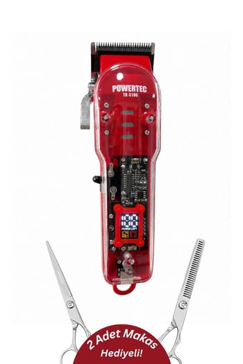 Powertec TR-3100 Düz ve Ara Makas Hediyeli Yeni Seri Profesyonel Tıraş Makinesi Kırmızı 2026