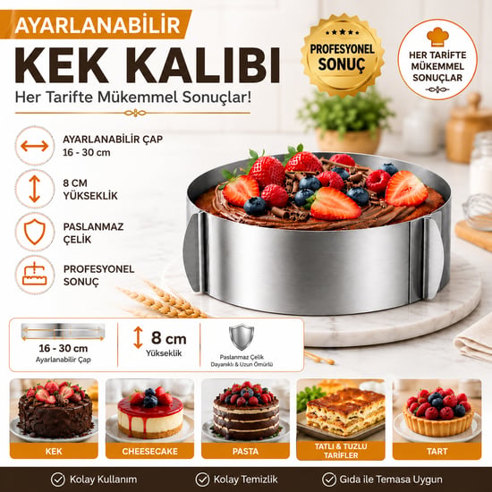 Ayarlanabilir Yuvarlak Kelepçeli Kek Pasta Kalıbı-çelik